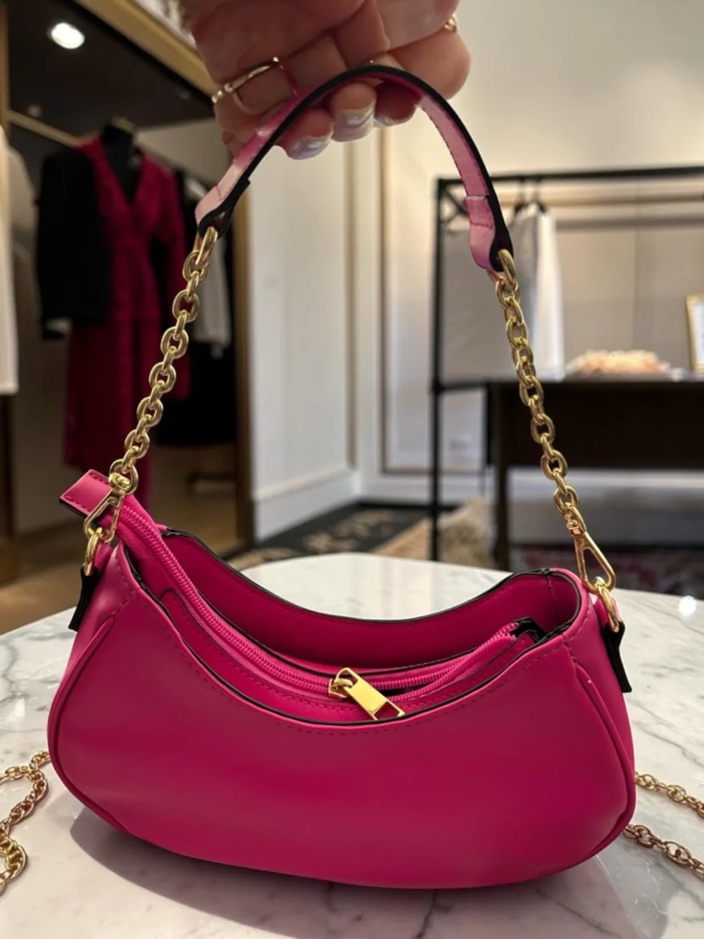 Aldo Hot Pink Mini Shoulder Bag Y2K Baguette Gold Chain Barbiecore Purse - Picture 3 of 6